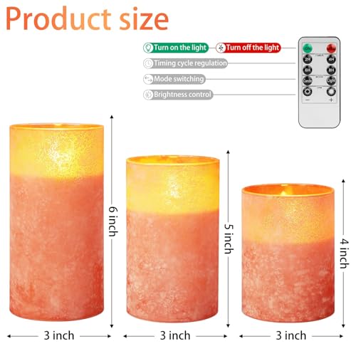 Image of Flameless Candles with Remote Orange Candles Battery Operated Set of 3 | Glass Real Wax Battery Operated LED Pillar Candles with Timer Remote for Bedroom Home Holiday Decor Halloween Decorations