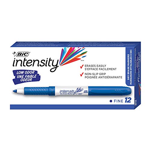 BIC Intensity Blue Low Odor Dry Erase Markers, Fine Tip, 12-Count Pack of Erasable Markers With Low-Odor Ink for a Pleasant Writing Experience