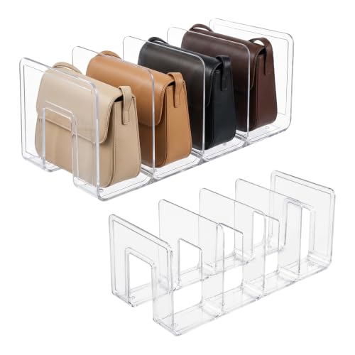 RAVQENOLIX 2 Pack 4 Slot Clear Acrylic Handbag Purse Storage Organizer Rack, 12.6 x 5.71 Inch Stackable Closet Divider, Multi Purpose Holder for Purses Wallets Books Office Files Display, Clear