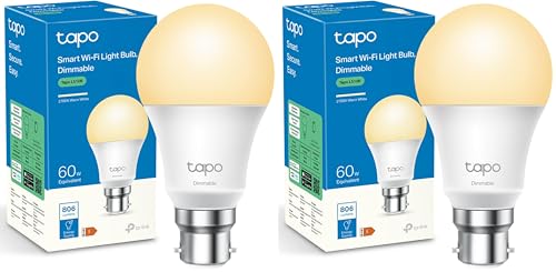 Tapo Smart Bulb, Smart Wi-Fi LED Light, B22, 8.7W, Energy Saving, Works with Amazon Alexa and Google Home, Dimmable Soft Warm White, No Hub Required L510B [Energy Class F] (Pack of 2)