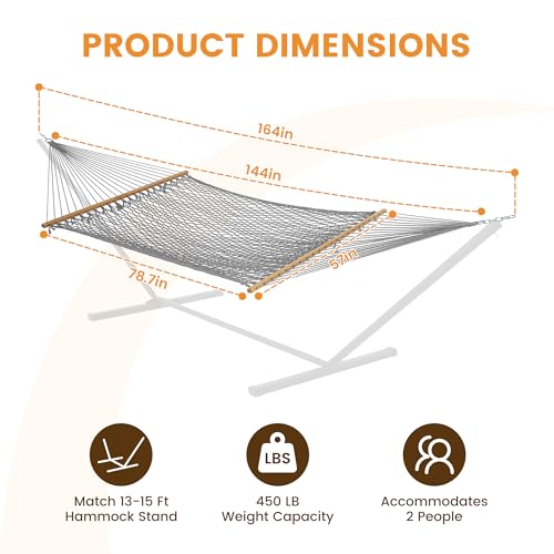 Image of Lazy Daze Hammocks 12FT Double Rope Hammocks, 2 Person Hand Woven Cotton Hammock with Spreader Bar, Carabiner, Tree Strap, Chain for Outside, FIT 13-15 FT Stand, Max 450 Lbs, Light Grey