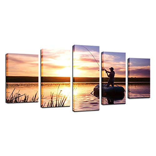 Biuteawal - 5 Panel Wall Art Man Fishing Painting Artwork Peaceful Lake Scenery Canvas Print Sunset Nature Picture for Home Living Room Bathroom Wall Decor Biuteawal - 5 Panel Wall Art Man Fishing Painting Artwork Peaceful Lake Scenery Canvas Print Sunset Nature Picture for Home Living Room Bathroom Wall Decor