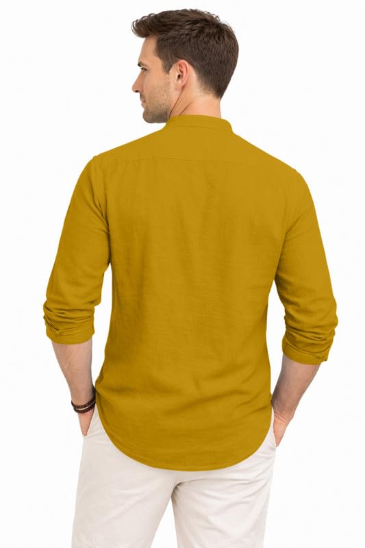 Image of ROYALSCOUT Men's Cotton Polyester Blend Kurta Style Shirt with Mandarin Collar, Half Button Placket, Dual Chest Pockets, Long Sleeve Casual Ethnic Fusion Wear for Office, Festive and Daily Use