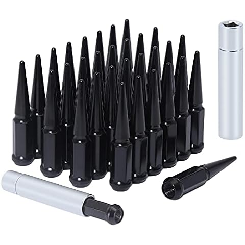 M14x1.5 Lug Nuts 14x1.5 Spike Lug Nuts M14 x 1.5 Spiked Lug Nut Black Set of 32 with 2 Socket Keys 19mm Hex 4.4" Tall 14mmx1.5 Bullet Lug Nuts Wheel Nuts Cover