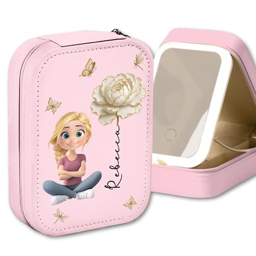 Wrappiness Women & Girls Floral Makeup Box With LED Mirror - Personalized Birthmonth Flower Travel Jewelry Organizer Gift for Daughters Sisters on Birthday Christmas Graduation Wedding
