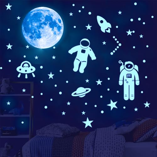 Calkkrer Estrellas Luminosas Habitación Infantil Adhesivo de Pared con Nave Espacial Azul, Pegatinas Autoadhesivas para Niños, Estrellas y Planetas Realistas Luminosos