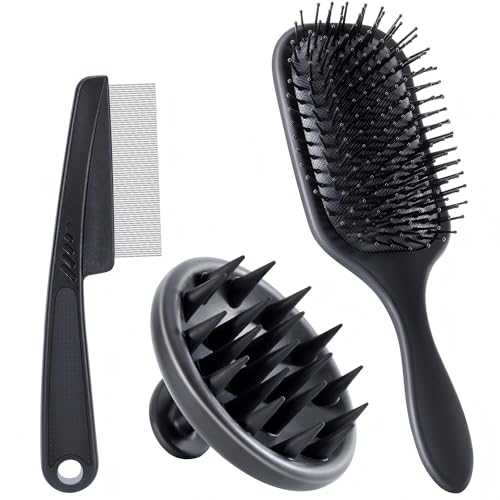 Belongtous Dandruff Lice Flea Hair Brush Comb Set, 3 In 1 Professional Nit Comb Kit, Massage Paddle Brush Scalp Massager for Hair Growth, Shower Detox Head Massage Tool Women Men Kids