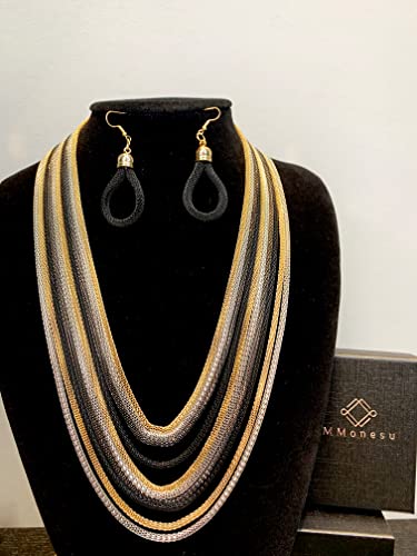 Mmonesu Long Statement Necklace Waterfall Multi Strand Statement Bib Necklace Alloy Multi Layer Bib Choker 10 Layers Chunky Collar Statement Jewelry，Long Chains，Dress Prom Party (Gold-Black-Silver) #TOP3