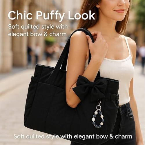 Crush Bow Tote Bag, 26L Puffy Quilted Shoulder Tote for Women, Fits 15.6" Laptop, Lightweight Foldable Work Travel Purse2