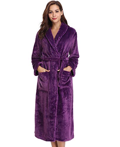 Vlazom Bata Mujer Invierno Polar Bata de Casa Señora Larga Albornoz Mujer Invierno con Cinturón(Morado,XL)