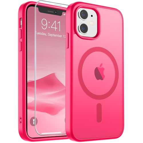 Image of SUPFINE Magnetic for iPhone 11 Phone Case with Screen Protector (Compatible with MagSafe) (Military Grade Drop Protection) Slim Translucent Matte Shockproof Phone Cover,Hot Pink
