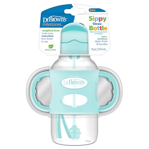 Image of Dr. Brown's Milestones Wide-Neck Sippy Straw Bottle with 100% Silicone Handles and Weighted Straw, 9 oz/270 mL, Green, 6m+