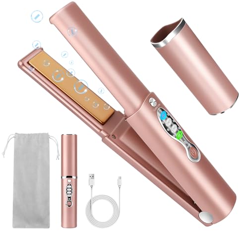 Cordless Titanium Hair Straightener and Curler w Cover Portable USB Rechargeable Fast Heat Up Flat Iron Travel Size with 5V/5000mAh Battery Anti-Scald 3-Level for Smooth Swift and Glossy Hair(Pink