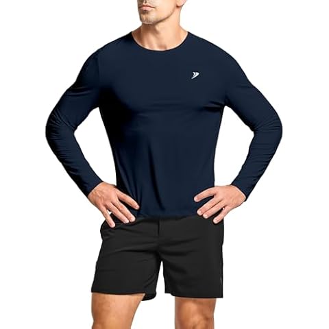DEMOZU Men's Long Sleeve Workout Athletic Shirts Quick Dry Running Hiking Rash Guard Swim Shirts Slim Fit, Navy Blue, M Cover