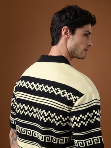 Image of The Souled Store Nomad: Old World Men and Boys Short Sleeve Spread Collar Black and Beige Geometric Print Acrylic Oversized Polos