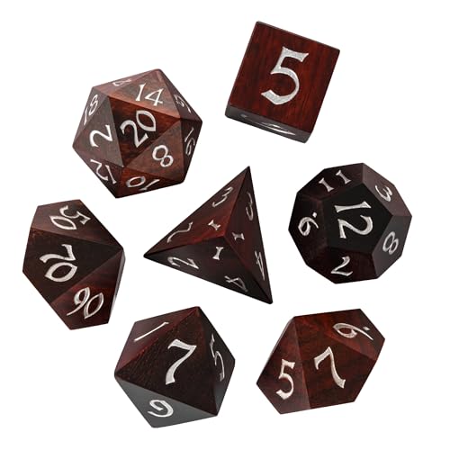 HDdais Red Sandalwood D&D Dice Set, Natural Wood Polyhedral Dice with Metal Tin Box for Dungeons and Dragons, Role Playing Games