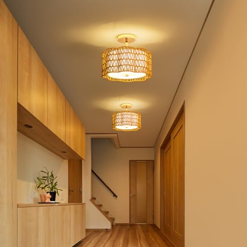 Tbaoinla✿ 13.8＂ Handwoven 3-Light Rattan Ceiling Light | Boho Flush Mount for Bedroom & Nursery, Natural Fiber Basket Light Fixture, Gold Light Fixture by Tbaoinla - Used condition - Image 3