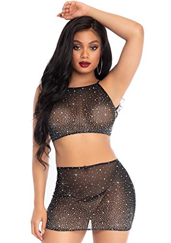 Top court dos nu et mini jupe assortie en élasthanne transparent noir M