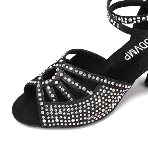 Image of JUODVMP Women's Latin Dance Shoes Rhinestones Satin Ballroom Dancing Shoes Salsa Professional Dance Shoes