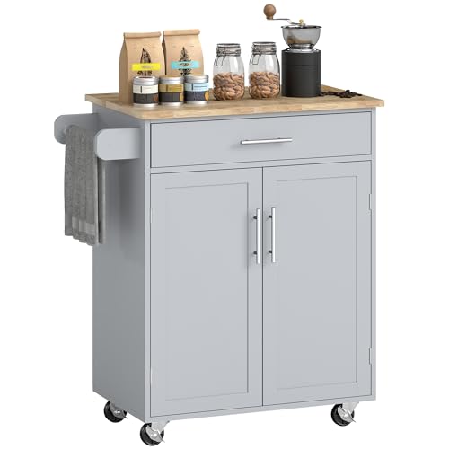 HOMCOM Kitchen Island Cart, Rolling Island Table with Solid Wood