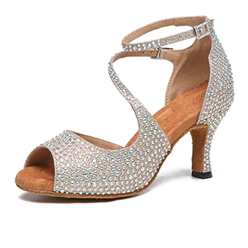 YKXLM Women Rhinestone Ballroom Dance Shoes Latin Salsa Performance Dance Shoes2
