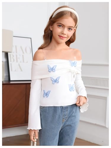 Image of Verdusa Girl's Y2K 3D Butterfly Off The Shoulder Tops Bow Tie Flare Sleeve Ruched T Shirt