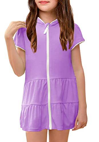 Image of Mafulus Girls Hooded Terry Coverups Swim Beach Zip Cover-Up Summer Short Sleeve Ruffle Dress