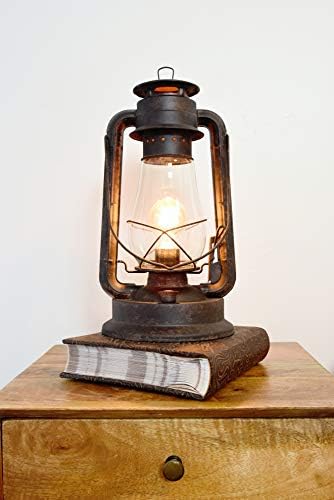 Electric Lantern table Lamp for bedrooms to give you the perfect farmhouse look large 15 inches tall with large hurricane glass and in line cord dimmer and Edison style vintage bulb-Rustic Rust Finish