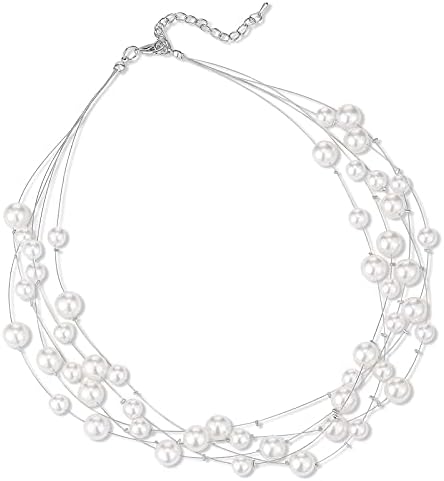 FULU AUTUMN Layered Pearl Necklace Beaded Silver Choker Handmade Boho Statement Costume Necklaces Fashion Jewellery Gifts for Women