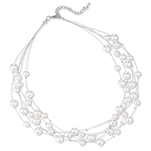 Layered Pearl Necklace Multi-Strand Pearl Choker Necklaces For Women Beaded Jewelry For Wedding Parties(White) #TOP14