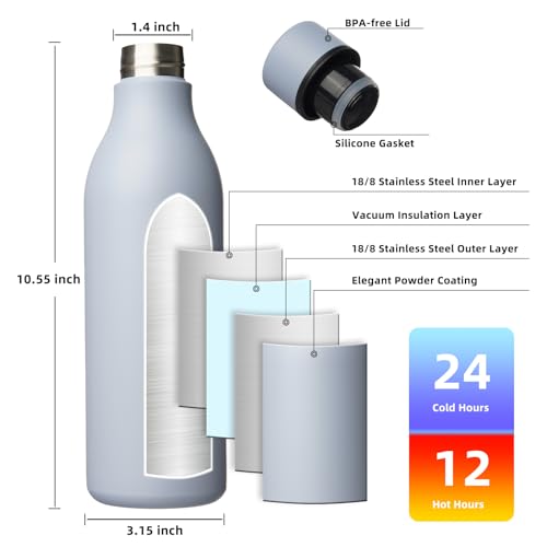 Image of BJPKPK Insulated Water Bottles, 25 oz Stainless Steel Metal Water Bottle with Strap, BPA Free Leak Proof Jugs, Mugs, Flasks, Reusable Thermal Flasks for Sports & Travel, Mist Grey