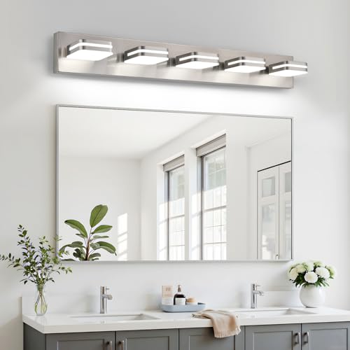 Image of Torondo 360 Rotate LED Bathroom Vanity Light Fixtures, Acrylic Vanity Lights for Bathroom, Modern Wall Lighting Fixtures Over Mirror Living, Brushed Nickel, Natural White, 5-Light, 34-Inch