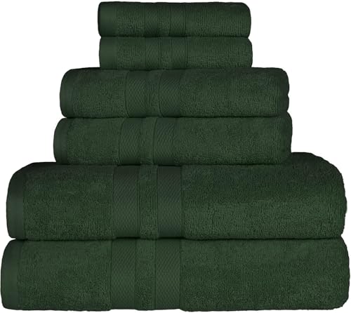 Superior Ultra-Soft 6-Piece Cotton Towel Set, Includes 2 Bath Towels, 2 Hand Towels, and 2 Washcloths for Bathroom, Guest Room, Quick Dry, Daily Use Home Essential Towels - Forest Green