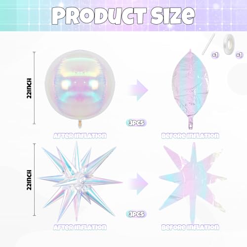 Image of 6pcs 22 inch Iridescent Star Balloons and Iridescent 4D Large Foil Balloons, Foil Star Balloon 4D Rainbow Balloon For Birthday Baby Shower Party Wedding Graduation Anniversary Bridal Shower Decoration
