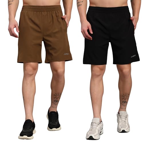Image of ATICX Polyester Shorts for Men - Quick Dry Lightweight with Zipper Pockets - Gym, Running, Jogging, Training Half Pants for Basketball, Swimming, Badminton, Cycling, Football, Outdoor & Home Wear