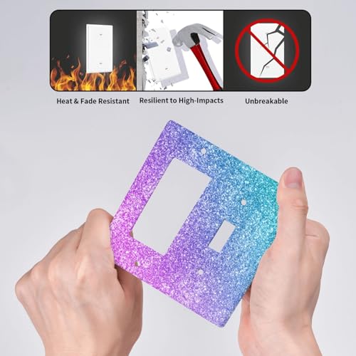 Decorative Outlet Covers Gillter Purple Pink Blue Gradient Sparkle 2 Gang Outlet Cover Wall Plate Single Toggle Rocker Light Switch Cover Plate Switch Plate Covers for Bedroom Home Decor