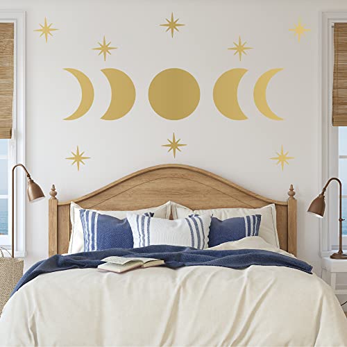 Vintage Metallic Gold Vinyl Starburst Stars Moon Phases Wall Decals, Peel And Stick Modern Boho Stickers Bohemian Scandinavian Bedroom Living Room Wall Art Decor #TOP1