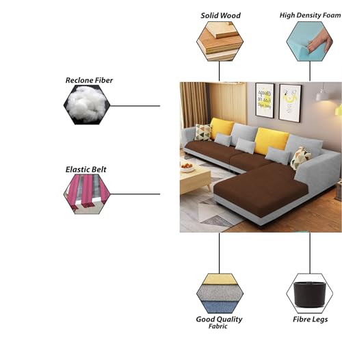 Image of Galib RHS 6 Seater L Shape Sofa Set for Living Room (Brown Grey Fabric) Premium Fabric Sofa