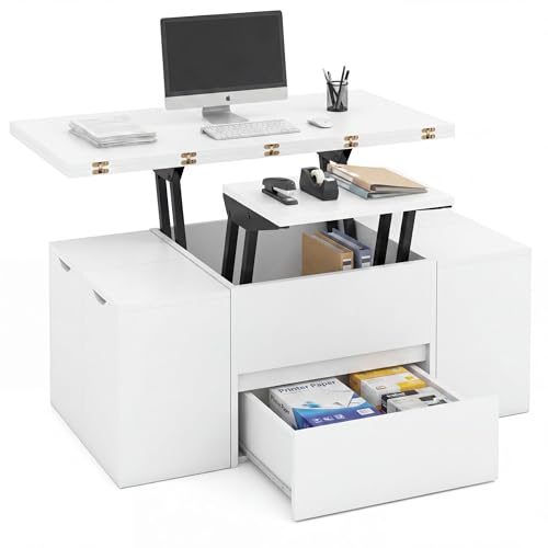 SOARS Table Basse Relevable avec 4 Tabourets de Rangement, Compartiment Caché, 1 Tiroir, Table de Café Moderne avec Plateau Relevable, Charge 75 KG, pour...