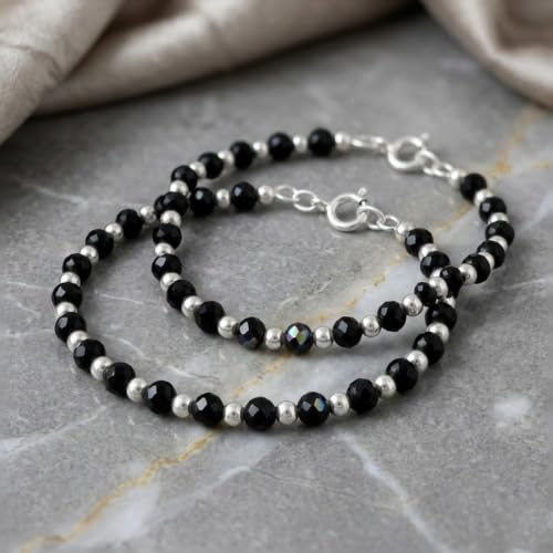 Image of Parnika (Formerly MJ 925 Traditional Silver & Black Crystals Baby Nazariya Kids Silver Bracelet in Pure 92.5 Sterling Silver for Kids - One pair