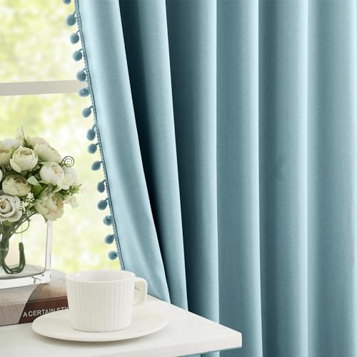 Treatmentex Blickdicht Vorhang mit Pompons Blau Vorhang mit Ösen...