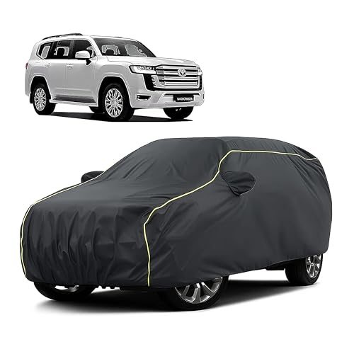 Image of Sulfar 100% Water Resistant Car Body Cover Compatible with Mirror for Toyota Cruiser (Triple Stitched, Full Bottom Elastic, Dark Grey Taffeta with Yellow Piping)