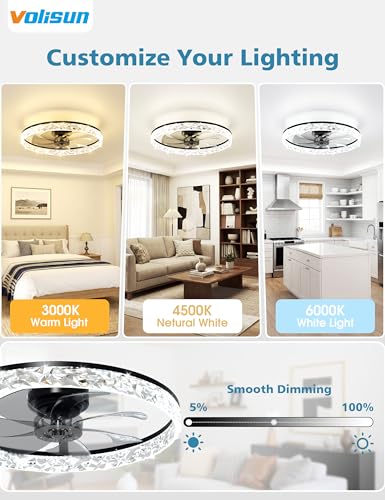 Image of VOLISUN Low Profile Ceiling Fan with Lights and Remote, No Assembly, 24in Modern Ceiling Fans Flush Mount, 3000K-6500K Dimmable Bladeless LED Fan Light, Black Fandelier Ceiling Fans for Bedroom