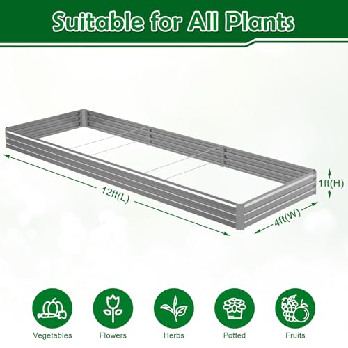 Image of 12x4x1FT Galvanized Raised Garden Bed, Metal Planter,Silver,1 Pack | Thick Galvanized Steel, Easy Assembly,Outdoor Patio,Open Bottom,Smooth Surface,Planter Kit for Vegetables, Herbs, Flowers