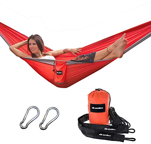 Wealers Camping Hammock – Rugged Parachute Hammock with Sporty Travel Bag, 2 Carabiners