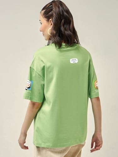 Image of Bewakoof Official Friends Merchandise Women's Graphic Printed Oversized Half Sleeve Round Neck Cotton Jersey
