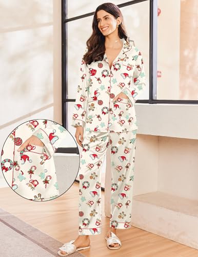 Image of Ekouaer Pajamas for Women Silk Satin Button Down Long Sleeve Pajama Sets