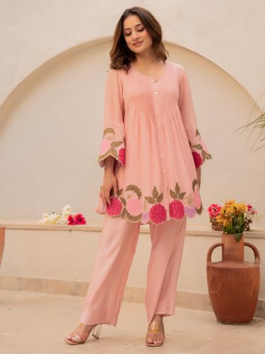 Image of Lilots Women's Chanderi Silk Kurta & Pants Set | Floral Embroidered Co-Ord Set | Ethnic Wear for Festive