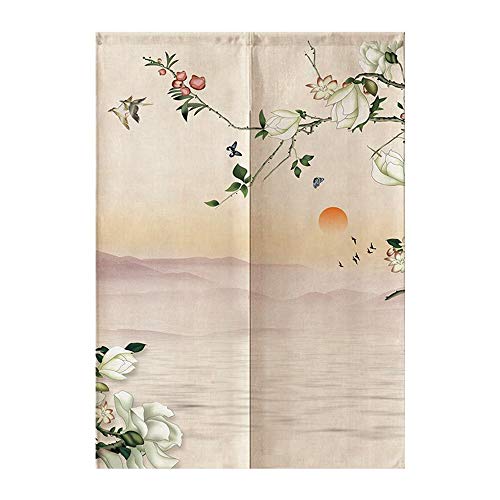 MYRU Japanese Noren Doorway Curtain Tapestry (Flower Bird and Sunrise,33.5 Inches x 59 Inches)