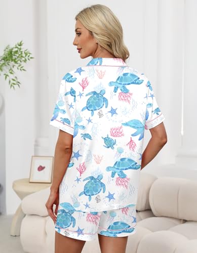 Image of Schbbbta Women Pajamas Set, 2 Pieces Satin Silk Button Down Pjs Short Sleeve Outfits Loungewear